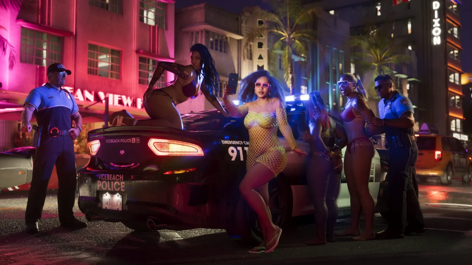 Neon nightlife on a Vice City street at night, art-deco facades under hot-pink light